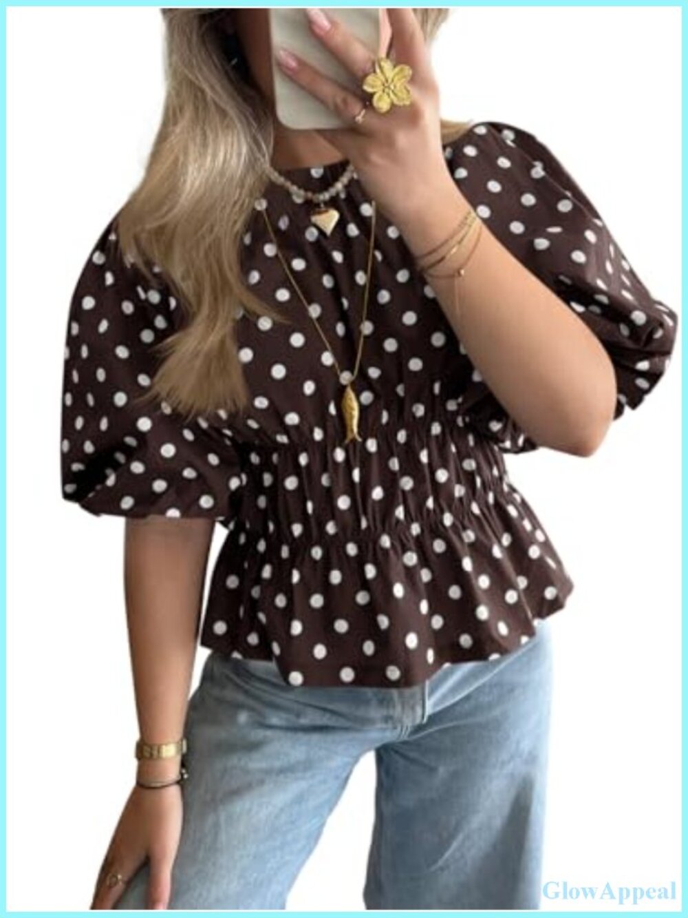 Polka Dot Peplum Blouse Puff Sleeve Round Neck Summer Top